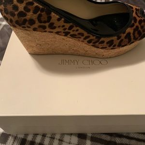 Jimmy Choo Leopard print calf hair open toe wedges